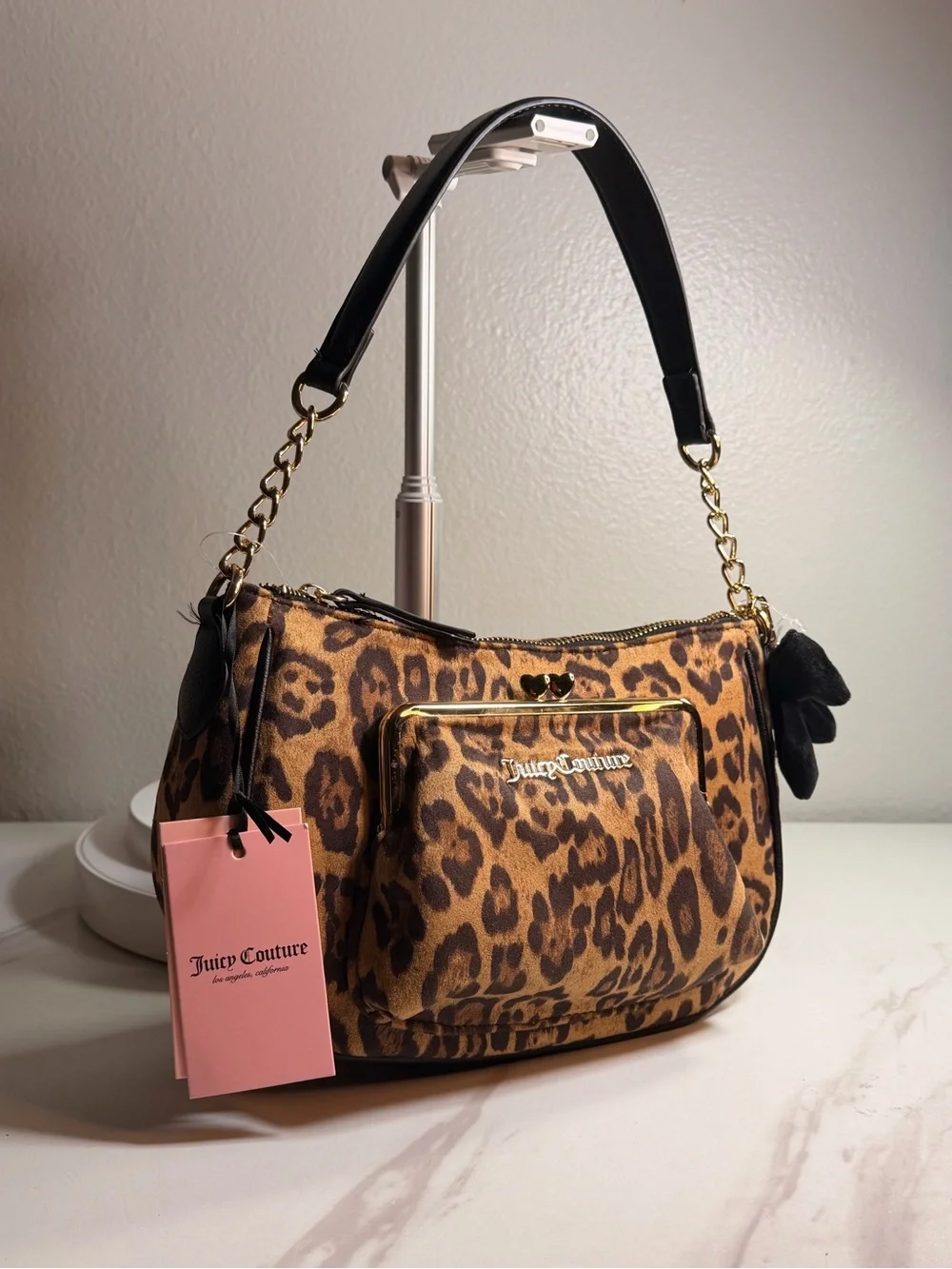 Juicy Couture Leopard Print Shoulder Bag with Gold Chain Accents